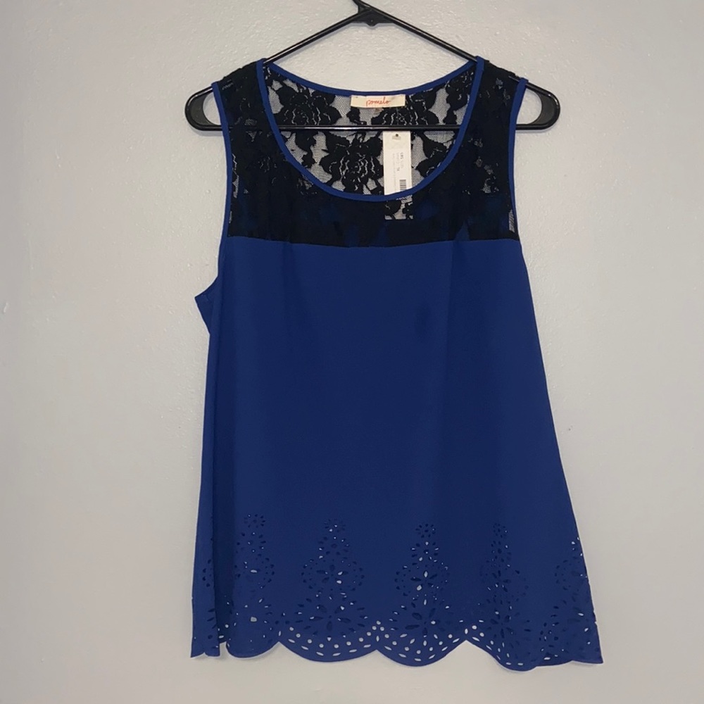 NWT Pomelo Royal Blue and Black Lace Trim Top with scallop hem from Stitch Fix